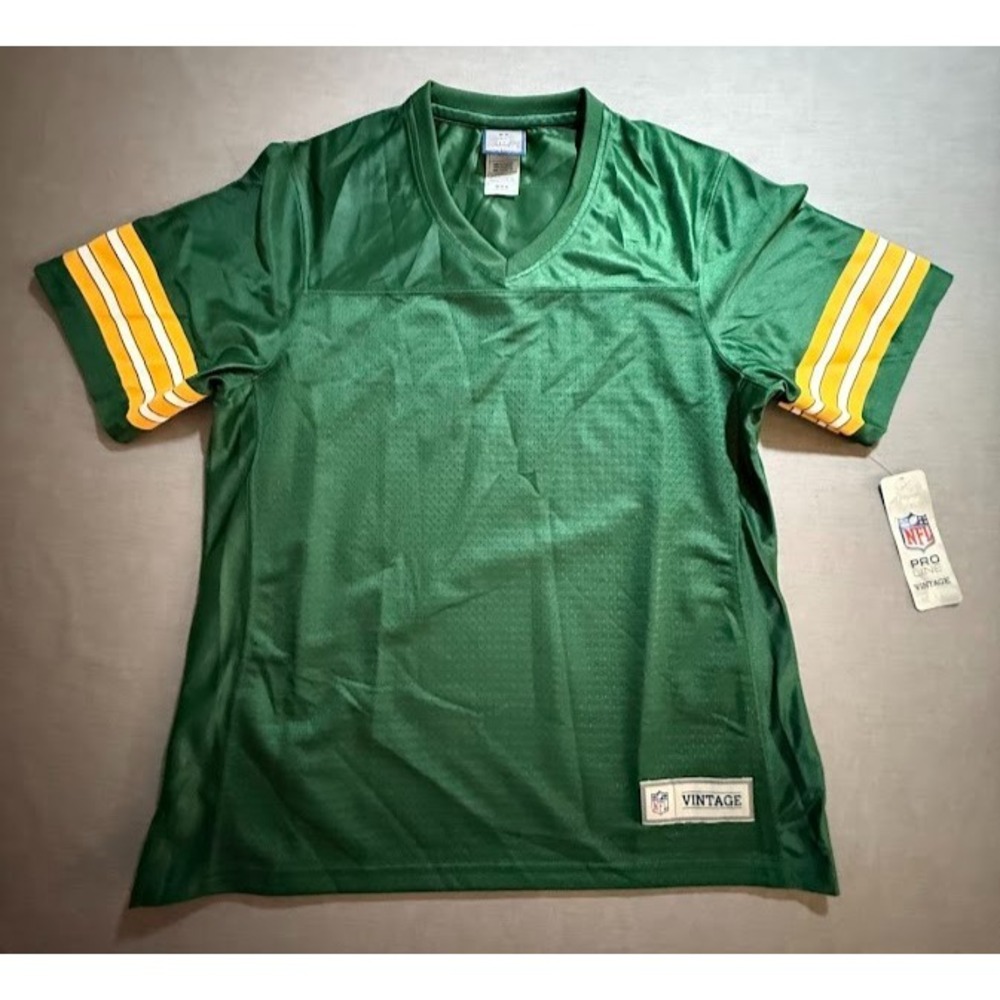 Green Vintage-Inspired Women's V-Neck Jersey with Yellow Sleeve Stripes